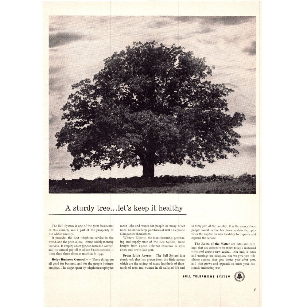 1950 Bell Telephone System Landscape Oak Tree Vintage Print Ad 50s Wall Art